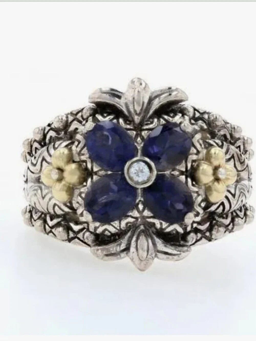 Barbara Bixby Sz 10 Sterling Silver Floral Iolite Ring with 18k Gold Accents